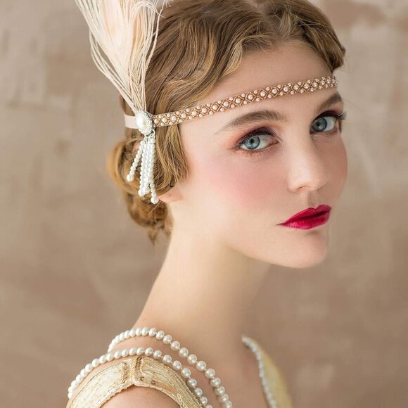 Flapper Headband Pearl Peacock Feather Hair Accessory Vintage Gatsby main image 5